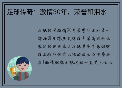 足球传奇：激情30年，荣誉和泪水